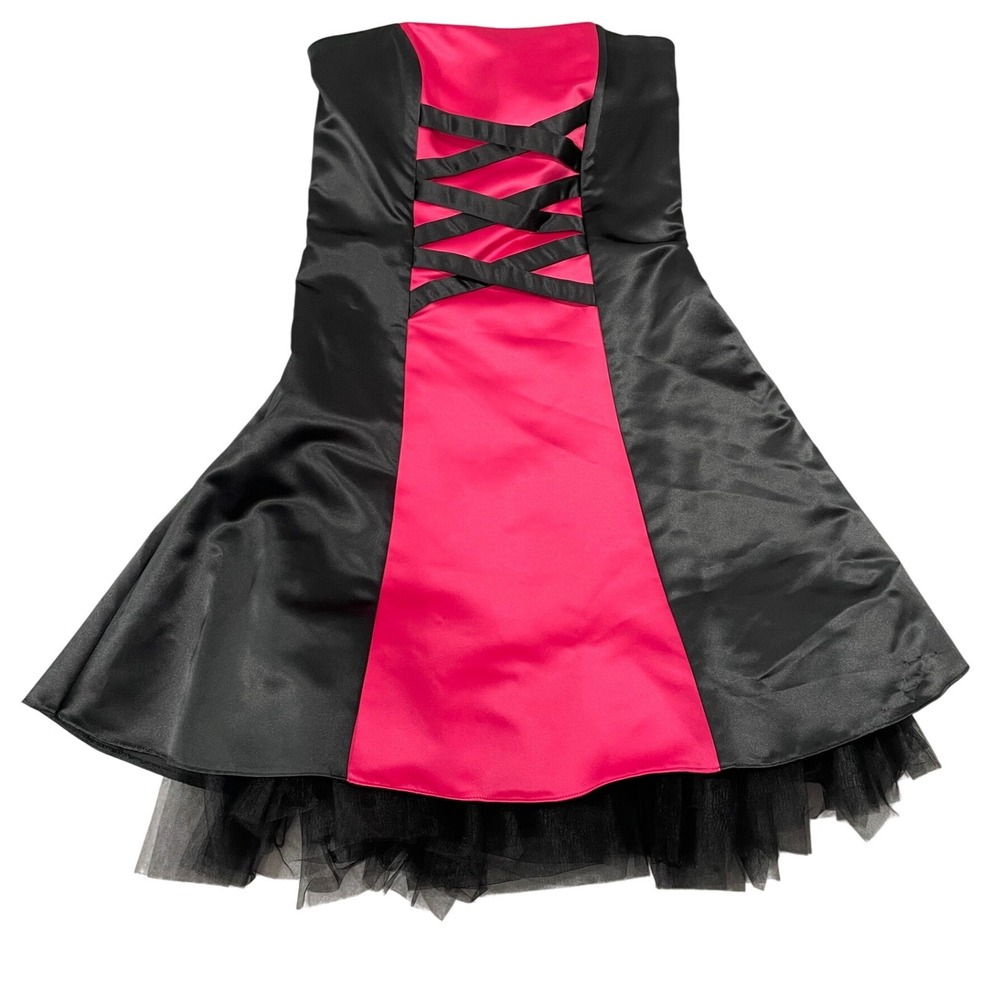 Gunne Sax Jessica McClintock Hot Pink Black Strapless Satin Tulle VTG Dress 7/8